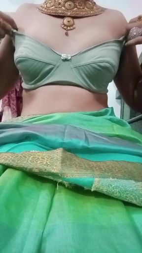 Indian Gay Crossdresser Bottom Gaurisissy pressing and playing with her big boobs in blue saree real homemade sex   Clip 3