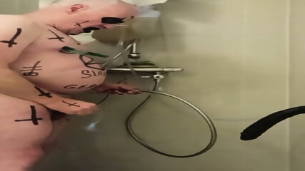 Satan slave takes a perverted piss enema session part 3