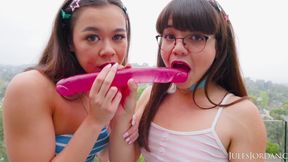 Flexible girl sharing a double-edged dildo and his big cock