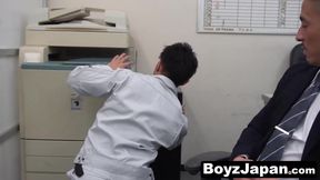 Hunky boss Hiroya bends over Kouki for a deep bareback breeding