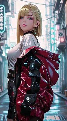 Red Leather Jacket Glistening Under Neon Rain, Kneeling Pose That Breaks the Armor