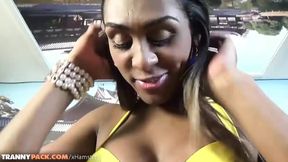 Tanned tranny with big tits gets fucked in POV until