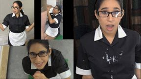 Maid eRica gives herself a facial by sucking cock & then jerking a cock off onto her face