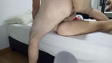 Hot naughty brunette is fucked by the pervert who puts a big dick in her ass and cums inside her pussy