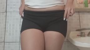 I was putting on makeup like a hot chick, but the urge to pee interrupted me. I dropped my brushes, opened my pink hole, and unleashed an impressive stream of golden urine that soaked my thighs. Makeup can wait, my bladder can't. Did you see the pres