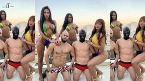 Steamy Rio Balcony Orgy: Three Hung Trans Goddesses Dominate and Drill Me Deep