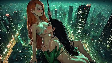 Kim Possible and Shego lesbian sex on a rooftop then in a chopper