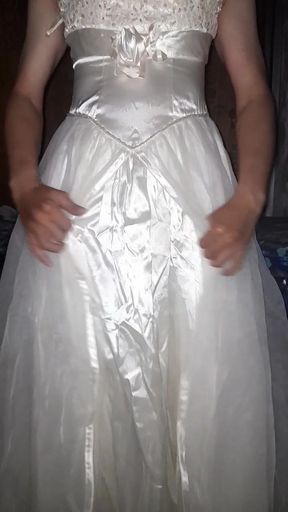 Cum flows on satin wedding dress