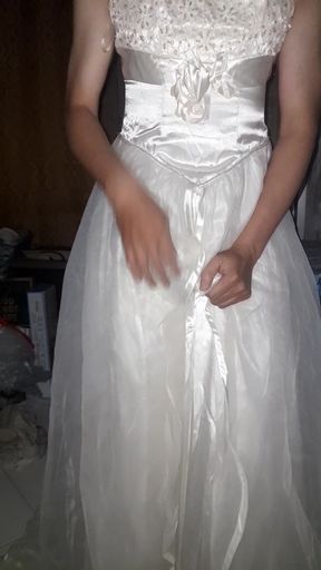 Cum flows on satin wedding dress