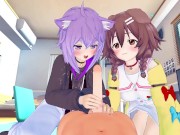 【REAL POV】OKAYU and KORONE threesome fun! Doggirl and Catgirl VTUBER licking bonanza!