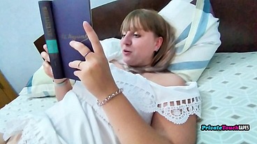Chubby nerdy Russian blonde girl sucks her boyfriend's cock and lets him fuck her like a dog.