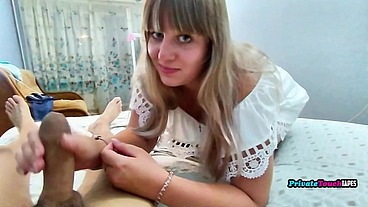 Chubby nerdy Russian blonde girl sucks her boyfriend's cock and lets him fuck her like a dog.