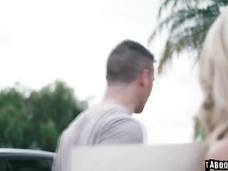 A slender, golden-haired, tiny-titted teen hotty Emma Rosie is punished for losing her virginity by being send outside, undressed!