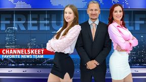 ChannelSkeet Breaking News - Male News Anchor FreeUse Bangs His Redhead Colleague & 18yo Protester