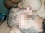 Breastfeeding my husband with my big tits, he bites my hard nipples
