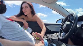 Sexy stranger blows lucky guy in car's public parking lot