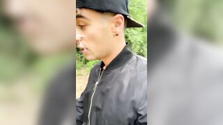 Ambling outdoor with jizz on face - jism walk and masturbate off with caked face