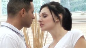 Sensational brunette babe gets fucked by two guys