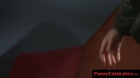 Latex Mistress Fingers and Dildo-Fucks Her Inked Sub Babe