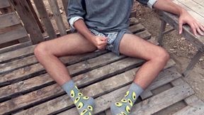 OUTDOOR BOY PLAY WITH COCK AND CUM HUGE LOAD ON HIS SOCKS