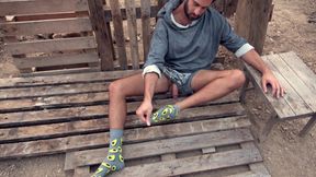 OUTDOOR BOY PLAY WITH COCK AND CUM HUGE LOAD ON HIS SOCKS
