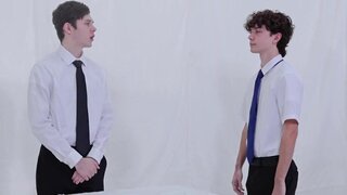 Slender teen lads getting frisky in the white room