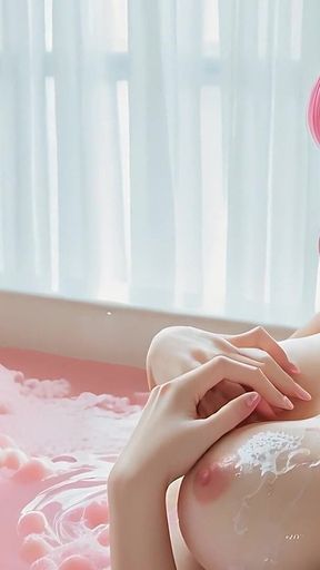 Beautiful Nude Woman with Neon Pink Curls Fingering Deep on Moonlit Shore
