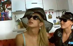 Seductive tranny fucks with passion police woman and her mate