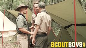 Hot hung scout leader barebacks two smooth boys in forest