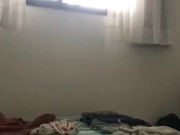 Risky wank & cum by window in hotel room