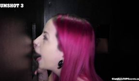 Goth girl w snake tongue swallows 8 gloryhole loads