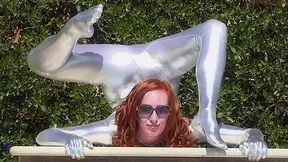 Bending In A Silver Spandex Suit - Watch4Fetish