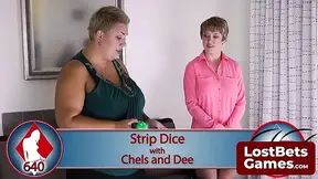Blonde Dee Williams plays Strip Dice against towering Chels