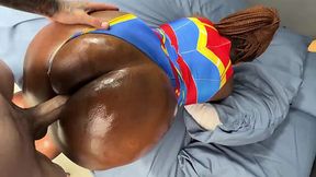 Curvy ebony Wonder woman saves the day by pleasing her bwc man