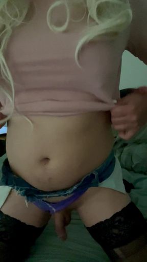 Blonde Tranny stroking her cock and showing off that bubble butt