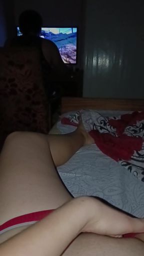 My nerdy stepbrother is playing video games and I'm masturbating my pussy   Clip 1