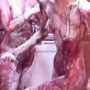 Girls get hot for each other and paint each other&#039;s nice tits on kitchen floor