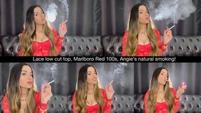 Lace low cut top, Marlboro Red 100s, Angie’s natural smoking!