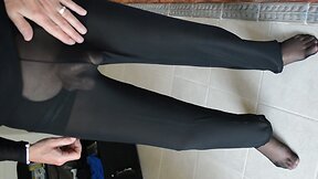 Hard Cock in Sheer Pants Thong and Pantyhose