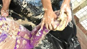 Lesbian beauties enjoy dirty food sex fun