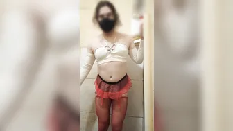 Femboy crossdresser Carol Cross in lingerie and skirt solo stroking