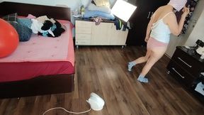 Sexy Brunette Having Fun Trying on Clothes. Sexy Mom Dances Naked Around the House.