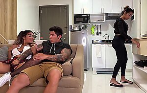 Naughty college girl fucks her mom's boyfriend on the couch in front of her!