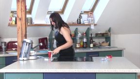 Brunette milf in wild sex with her lover on the table in the kitchen