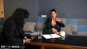 Sexy assistant assisting a poor tiny dick during his job interview