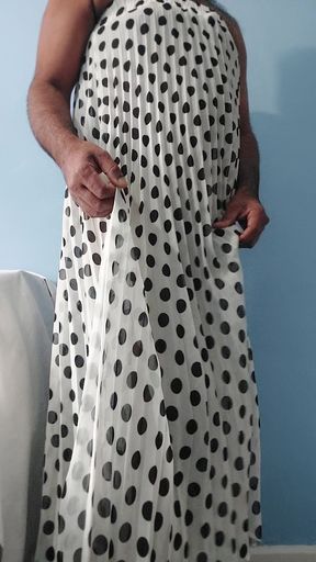 I'm masterbating wearing a Silk Seethrough chiffon black and white polka dots pleated Skirt