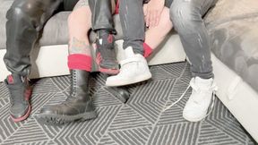 Three guys, two pairs of sneakers