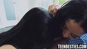 Petite brunette teen besties get a big cock in their tight holes