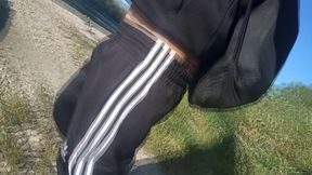 Who Will Spot This Twink in a Black and White Adidas Tracksuit, Flashing His Cock in Public Going Commando Freeballing, Peeing I