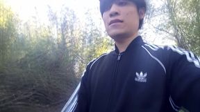 Who Will Spot This Twink in a Black and White Adidas Tracksuit, Flashing His Cock in Public Going Commando Freeballing, Peeing I